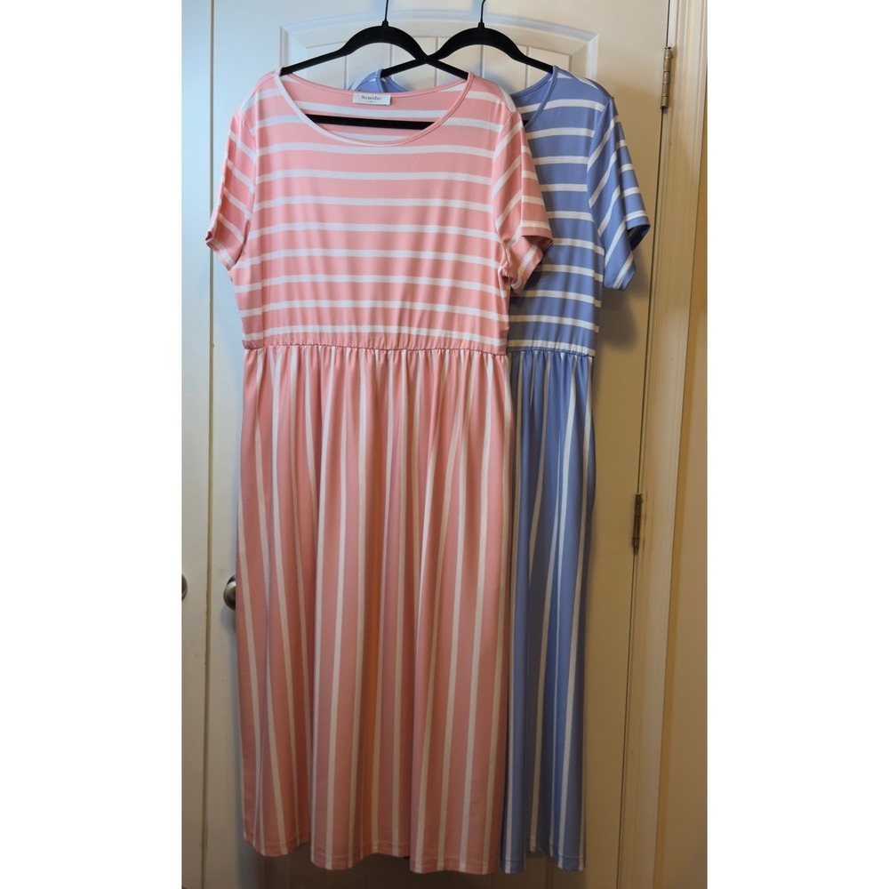 ✨NWOT SHEIN Size XL Striped Long Maxi Dress Pockets Short Sleeve Summer Vaca - Picture 4 of 14